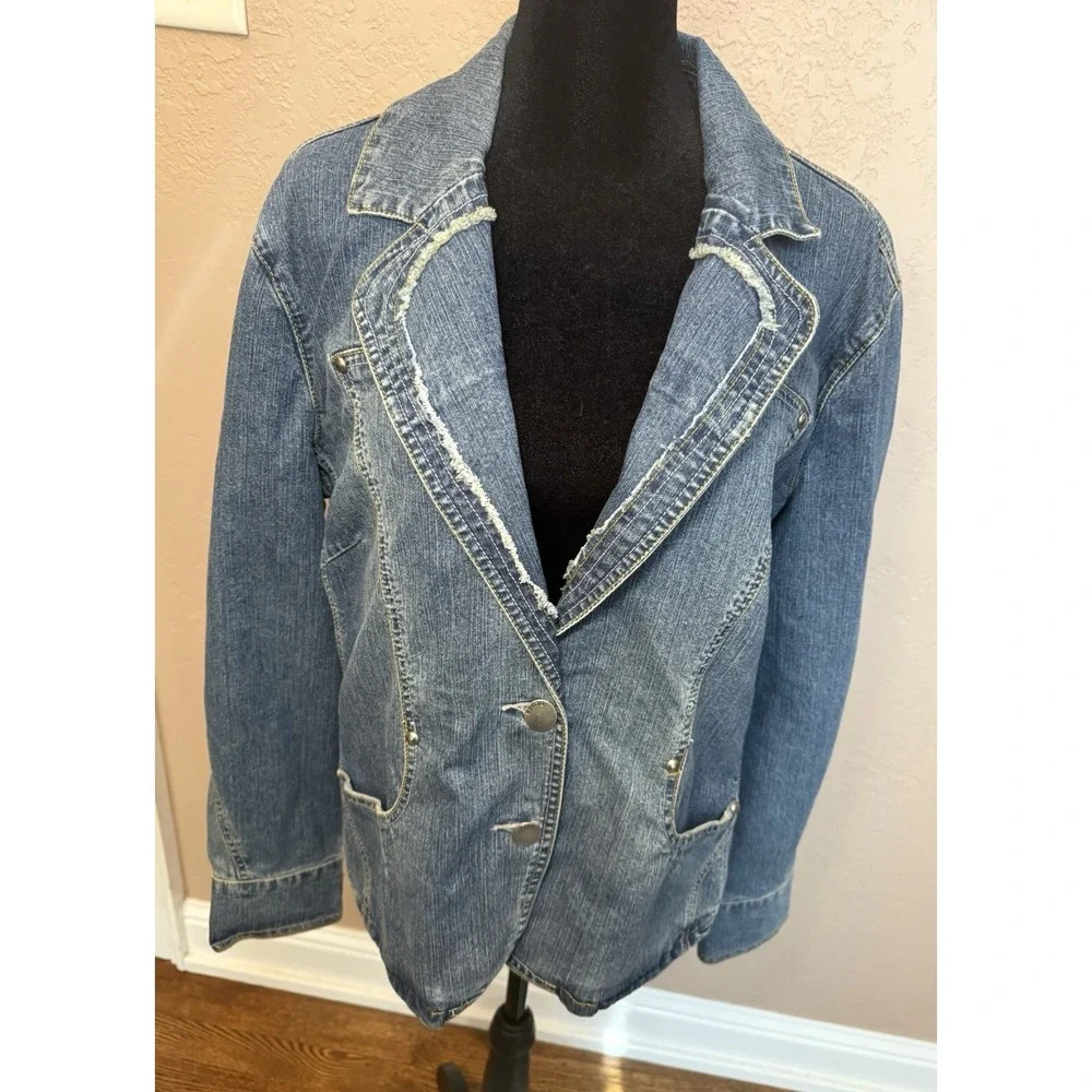 Baccini Women's Denim Jean Jacket 2 Button Blazer W/ Studs & Frayed Trim XL 90s